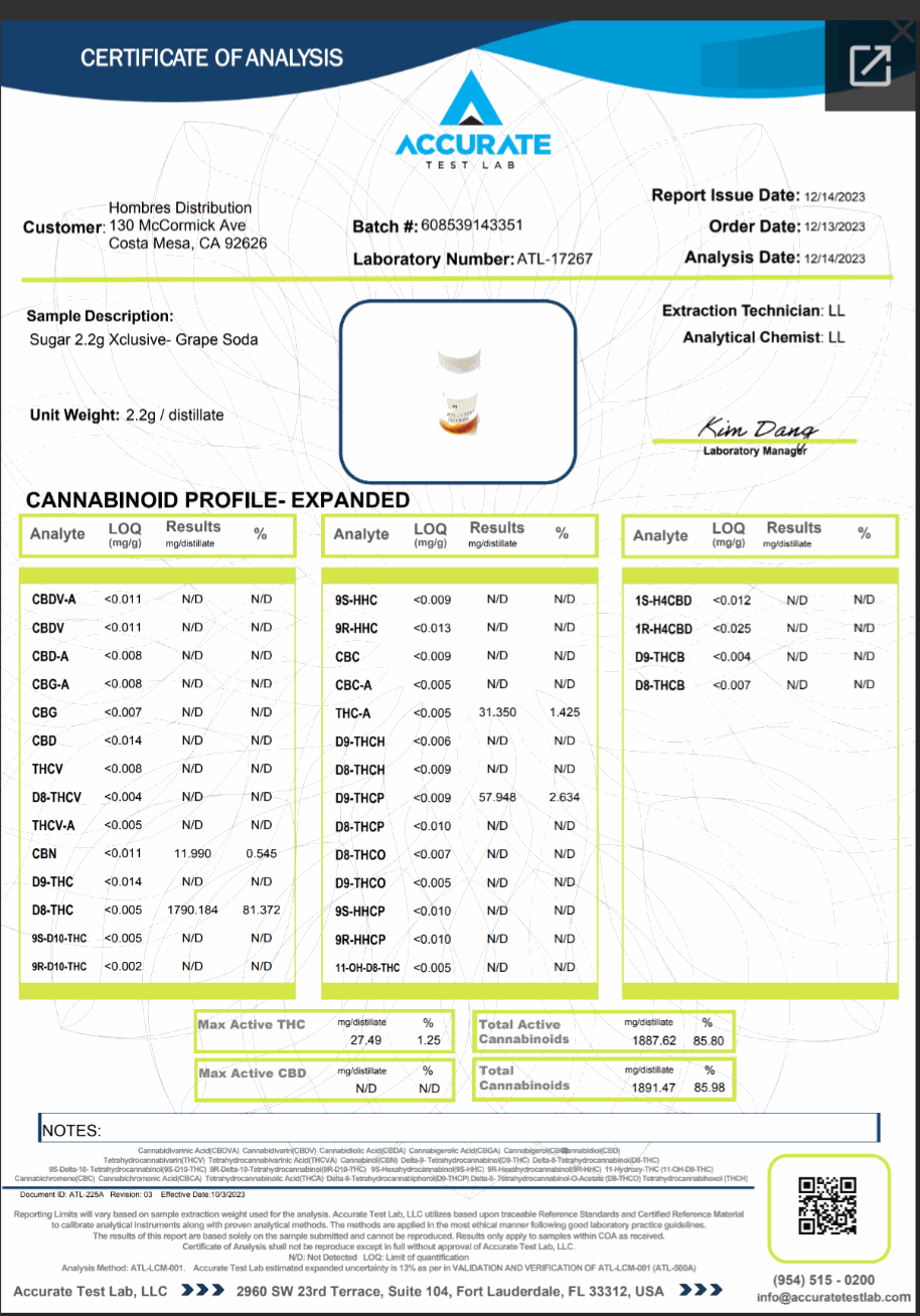 Sugar Xclusive Blend Disposables Grape Soda certificate of analysis showing cannabinoid test results and product sample.