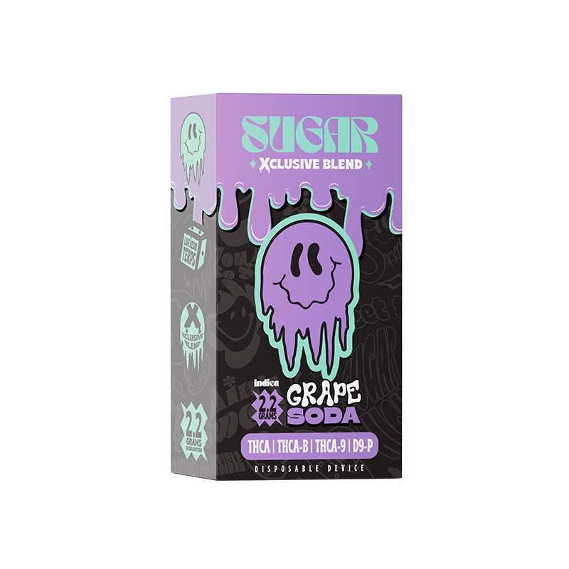 Sugar Xclusive Blend Disposables in purple and black Grape Soda packaging, with a dripping ghost graphic and 2.2 g label