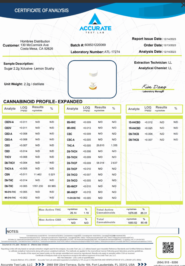 Sugar Xclusive Blend Disposables certificate of analysis for Lemon Slushy, listing cannabinoid test results and a 2.2g unit weight
