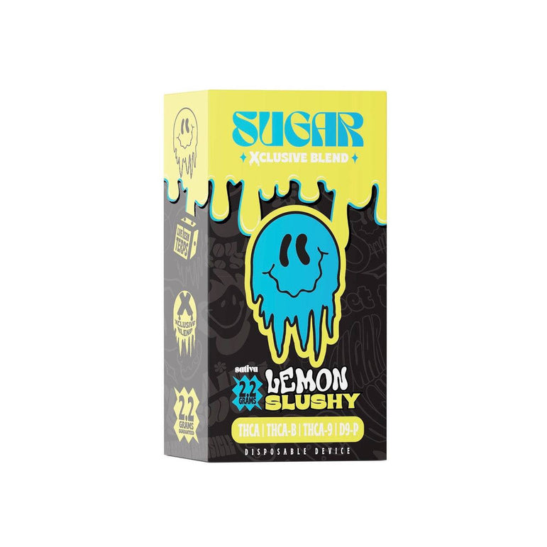 Sugar Xclusive Blend Disposables package in yellow, blue and black, featuring a dripping cartoon face and Lemon Slushy label