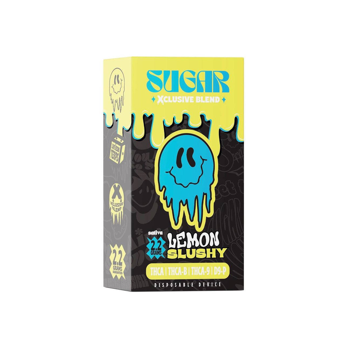 Sugar Xclusive Blend Disposables package in yellow, blue and black, featuring a dripping cartoon face and Lemon Slushy label