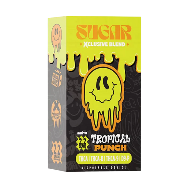Sugar Xclusive Blend Disposables Tropical Punch package in yellow, black, and gray with a dripping smiley graphic