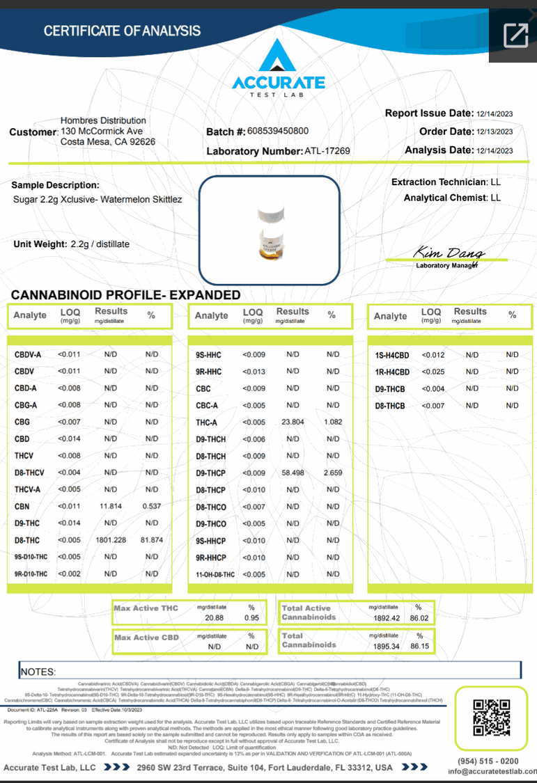 Sugar Xclusive Blend Disposables lab report showing a Watermelon Skittlez 2.2g disposable vape sample and cannabinoid analysis