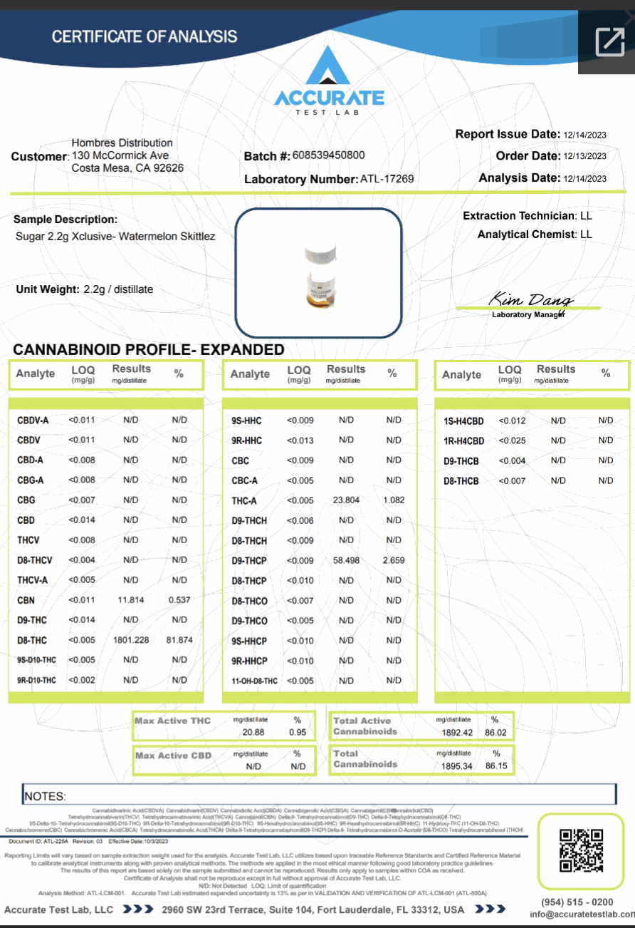 Sugar Xclusive Blend Disposables lab report showing a Watermelon Skittlez 2.2g disposable vape sample and cannabinoid analysis