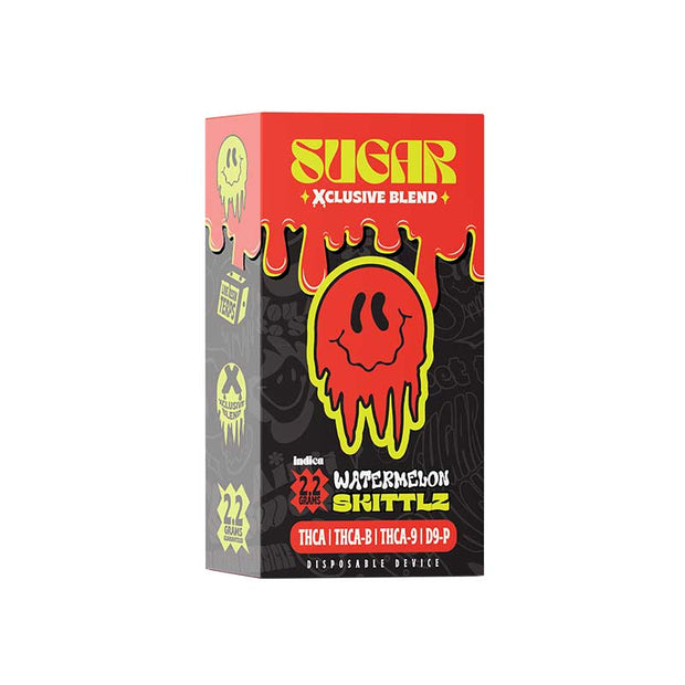 Sugar Xclusive Blend Disposables box in red and black with yellow dripping skull graphics and Watermelon Skittlz label