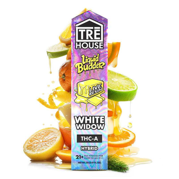 Tre House Liquid Budder Disposable(s) purple White Widow hybrid THC-A carton with colorful fruit illustrations and bold branding