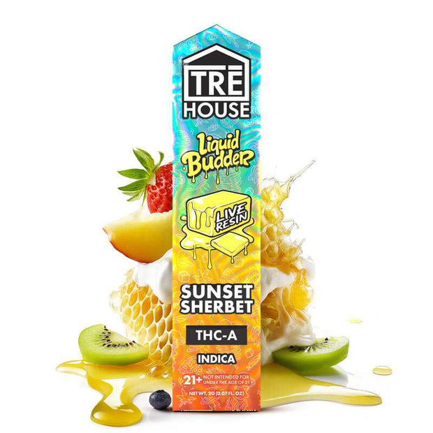 Tre House Liquid Budder Disposable(s) in turquoise and orange packaging with a Sunset Sherbet strain label and fruit graphics